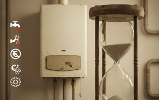 Caldera de condensación antigua con un reloj de arena ante la duda de cuándo cambiar la caldera