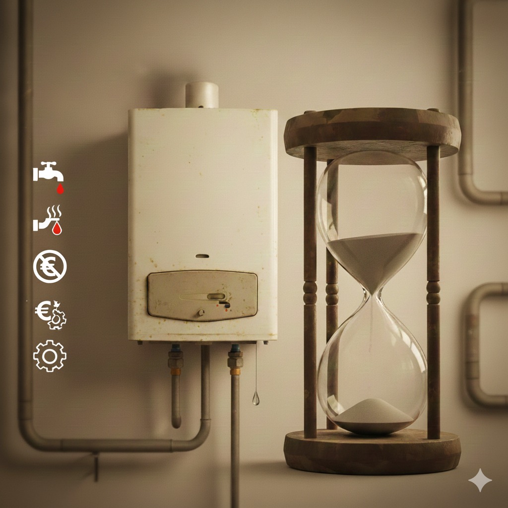 Caldera de condensación moderna, ahorro 25%, contador de gas, factura y flecha con signo euro: Inversión inteligente de MasQueCalderas