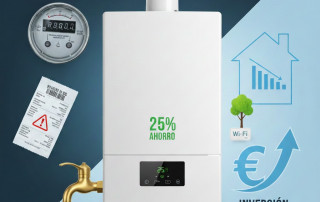 Caldera de condensación moderna, ahorro 25%, contador de gas, factura y flecha con signo euro: Inversión inteligente de MasQueCalderas