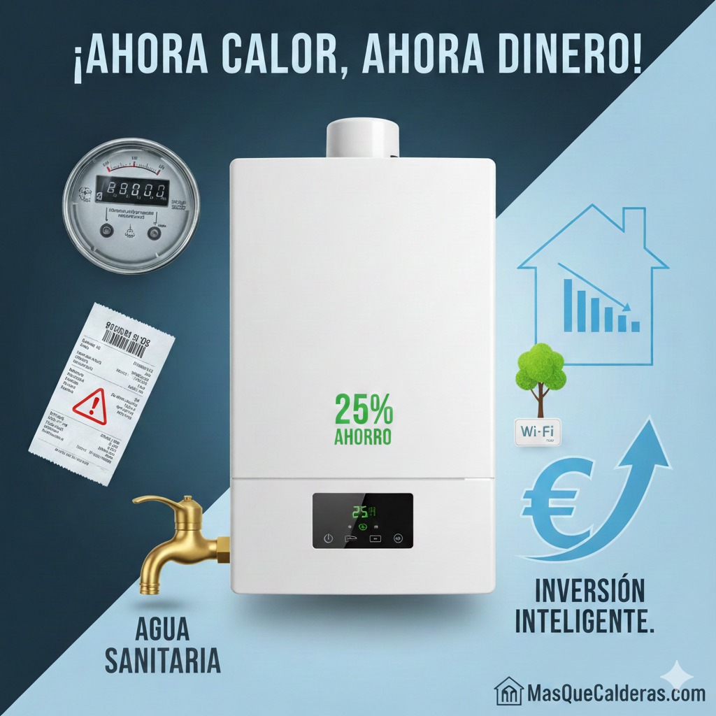 Caldera de condensación moderna, ahorro 25%, contador de gas, factura y flecha con signo euro: Inversión inteligente de MasQueCalderas