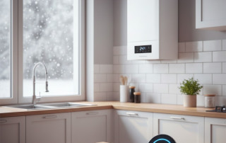 Caldera de condensación de alta potencia instalada en la cocina de un piso de 150 metros cuadrados. Solución ideal para alta demanda de ACS.