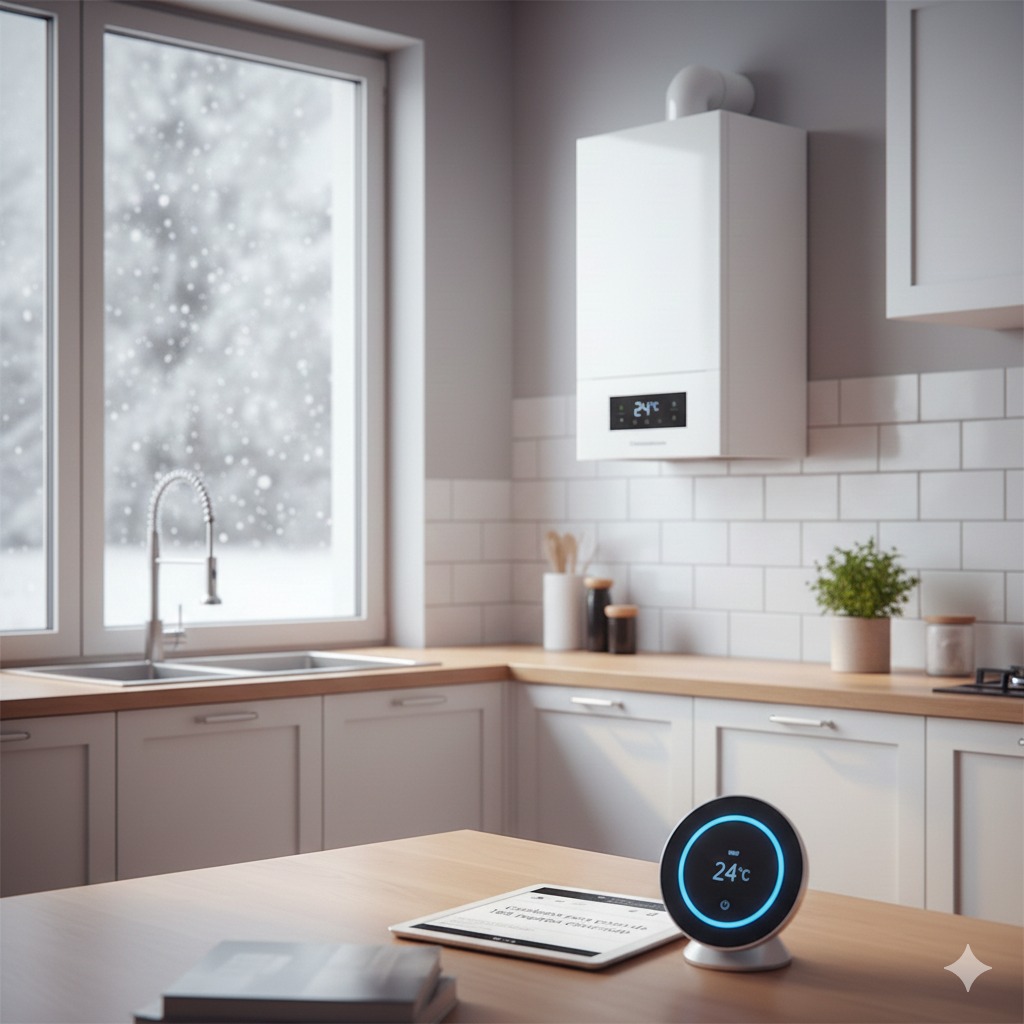 Caldera de condensación de alta potencia instalada en la cocina de un piso de 150 metros cuadrados. Solución ideal para alta demanda de ACS.