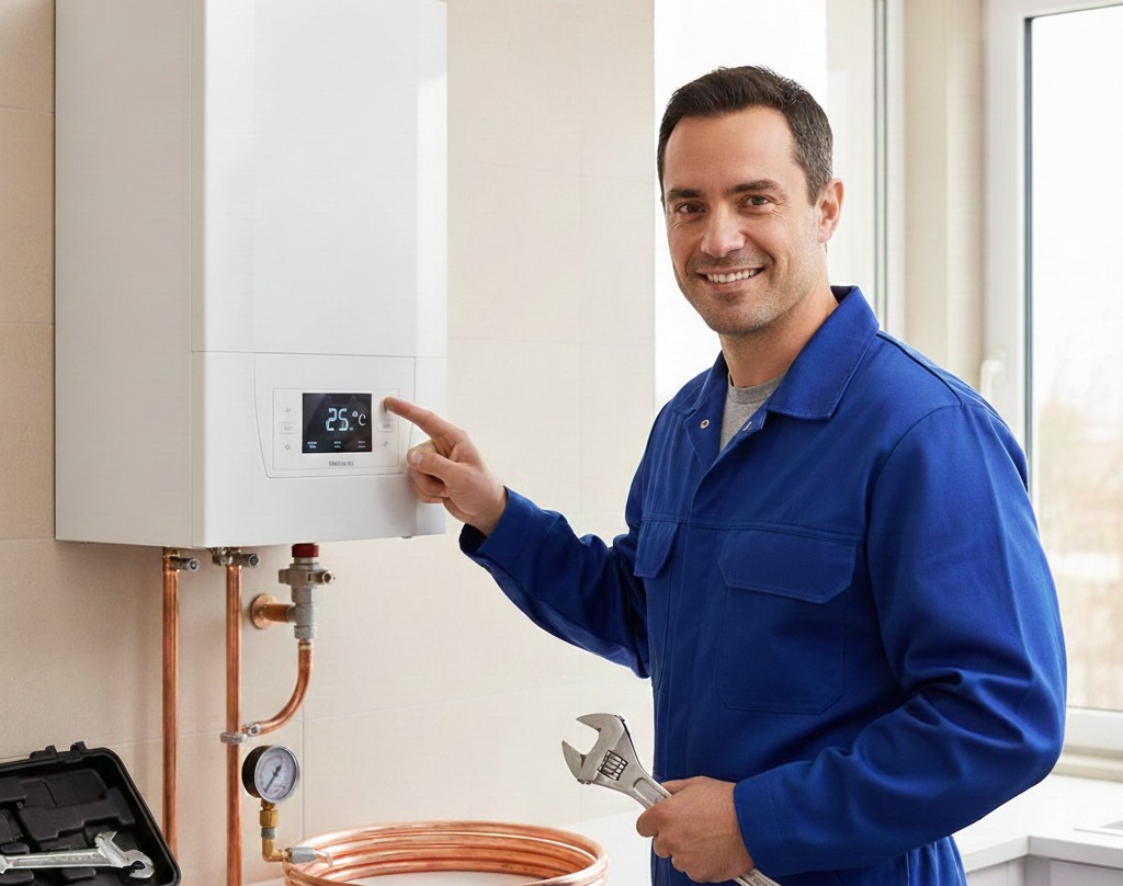 Técnico profesional de Masquecalderas instalando una caldera de condensación en Colmenar Viejo.