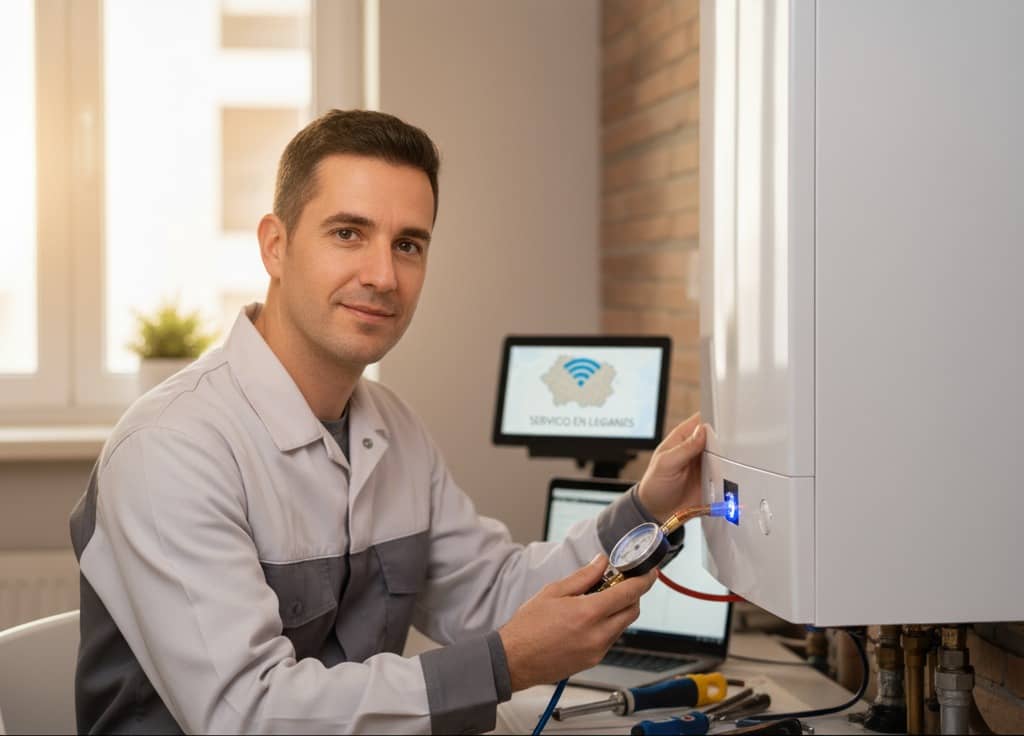 Técnico de Masquecalderas.com revisando e instalando una caldera de condensación en un domicilio de Leganés