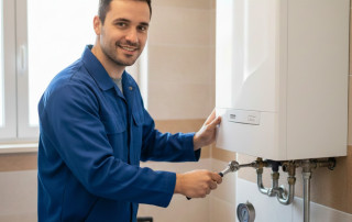 Técnico instalando una moderna caldera de condensación en Navalcarnero para Masquecalderas.com.