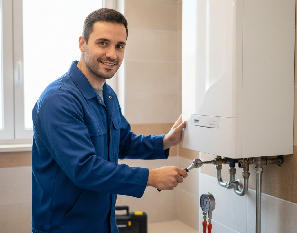 Técnico instalando una moderna caldera de condensación en Navalcarnero para Masquecalderas.com.