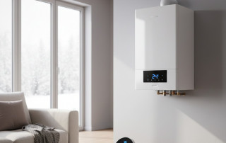 Caldera de alta potencia para piso de 130 metros cuadrados instalada en un salón con termostato inteligente marcando confort en invierno.