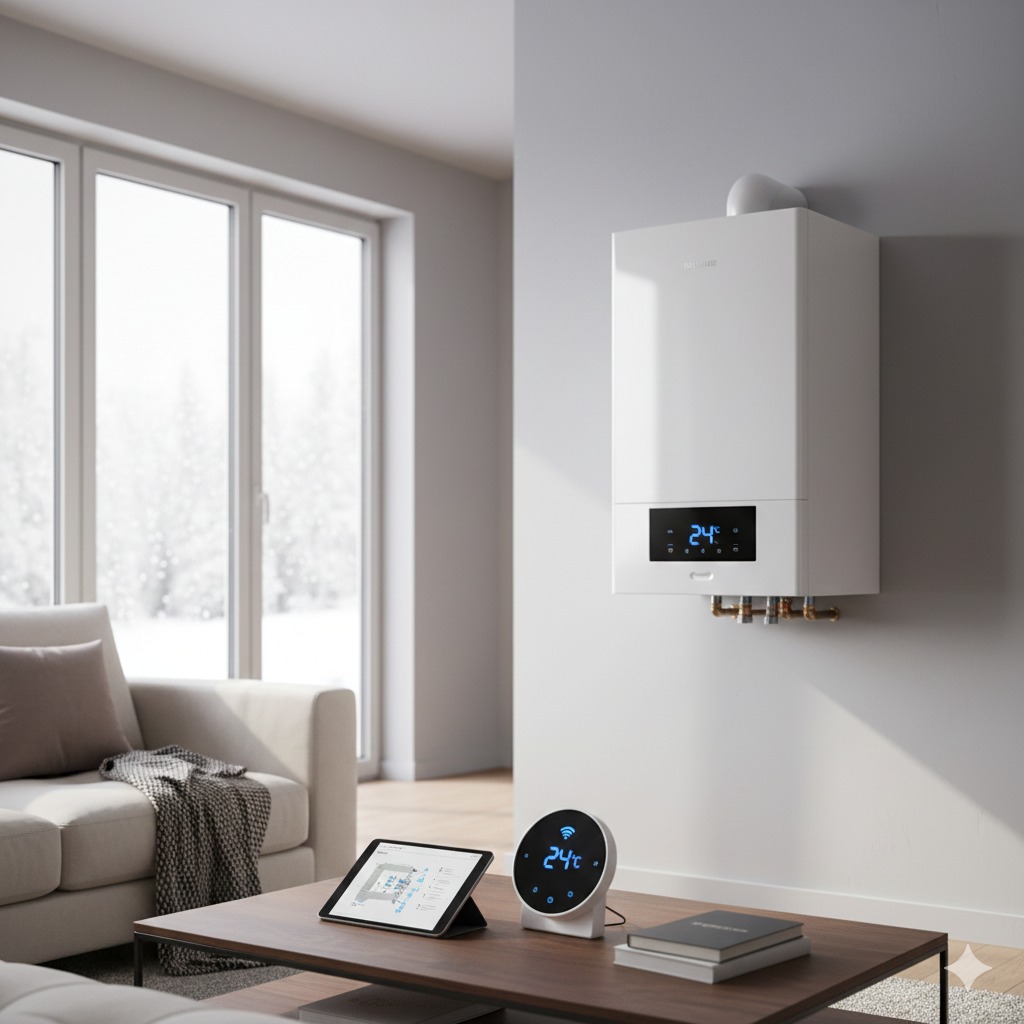 Caldera de alta potencia para piso de 130 metros cuadrados instalada en un salón con termostato inteligente marcando confort en invierno.