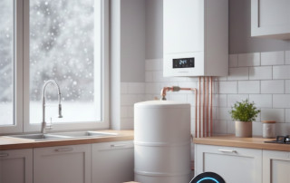 Caldera de condensación de alta capacidad instalada en la cocina de un piso de 180 metros cuadrados. Recomendada para ACS con acumulador.