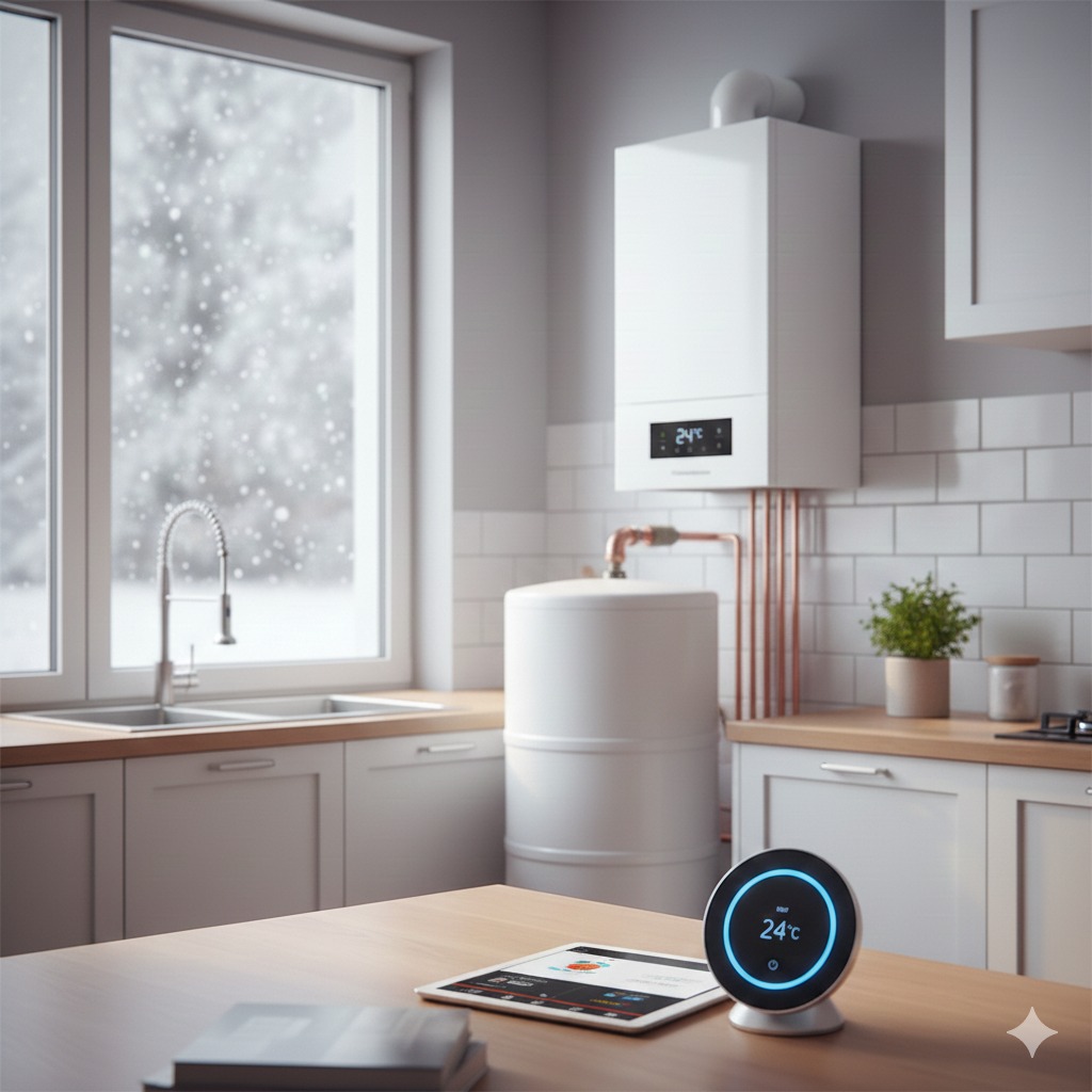 Caldera de condensación de alta capacidad instalada en la cocina de un piso de 180 metros cuadrados. Recomendada para ACS con acumulador.