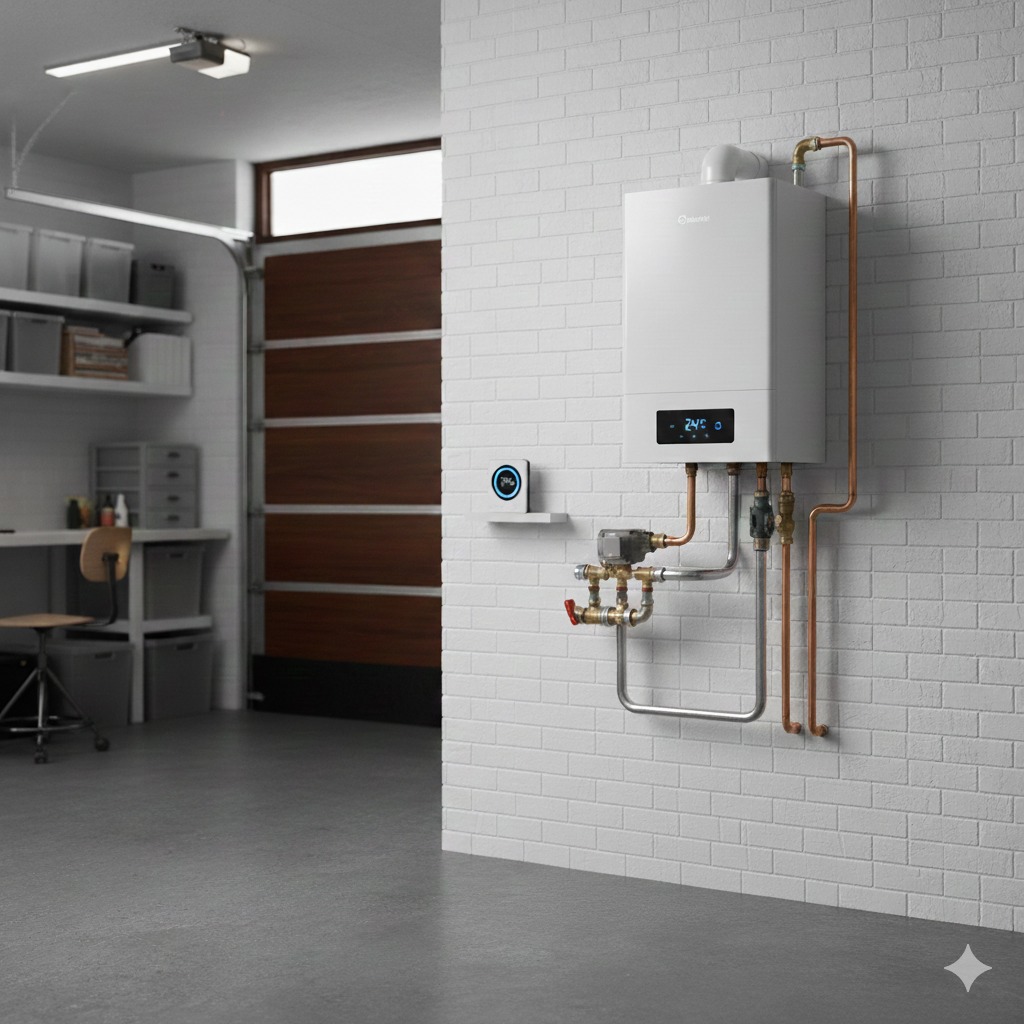 Caldera de alta potencia instalada en el garaje o sala de máquinas de una vivienda de 250 metros cuadrados. Solución compacta sin acumulador.