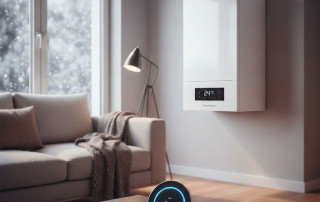 Caldera de condensación moderna instalada en pared de salón de casa de 100 metros cuadrados con termostato inteligente que marca 24°C y vista a nevada.