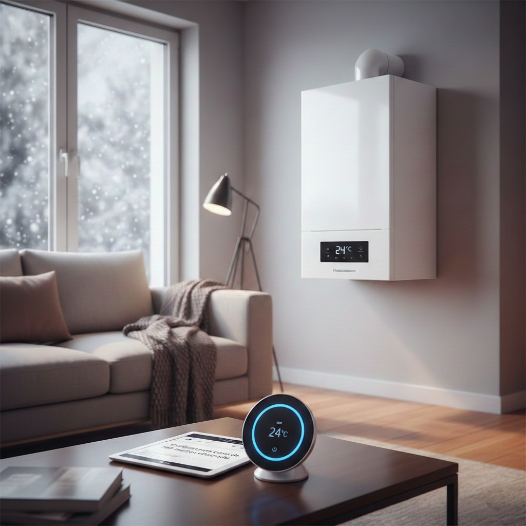 Caldera de condensación moderna instalada en pared de salón de casa de 100 metros cuadrados con termostato inteligente que marca 24°C y vista a nevada.