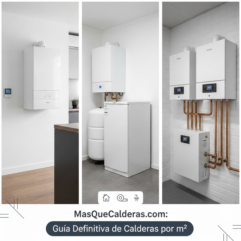 Guía definitiva de sistemas de calefacción por metros cuadrados. Representación visual de calderas de condensación y termostato de control inteligente.