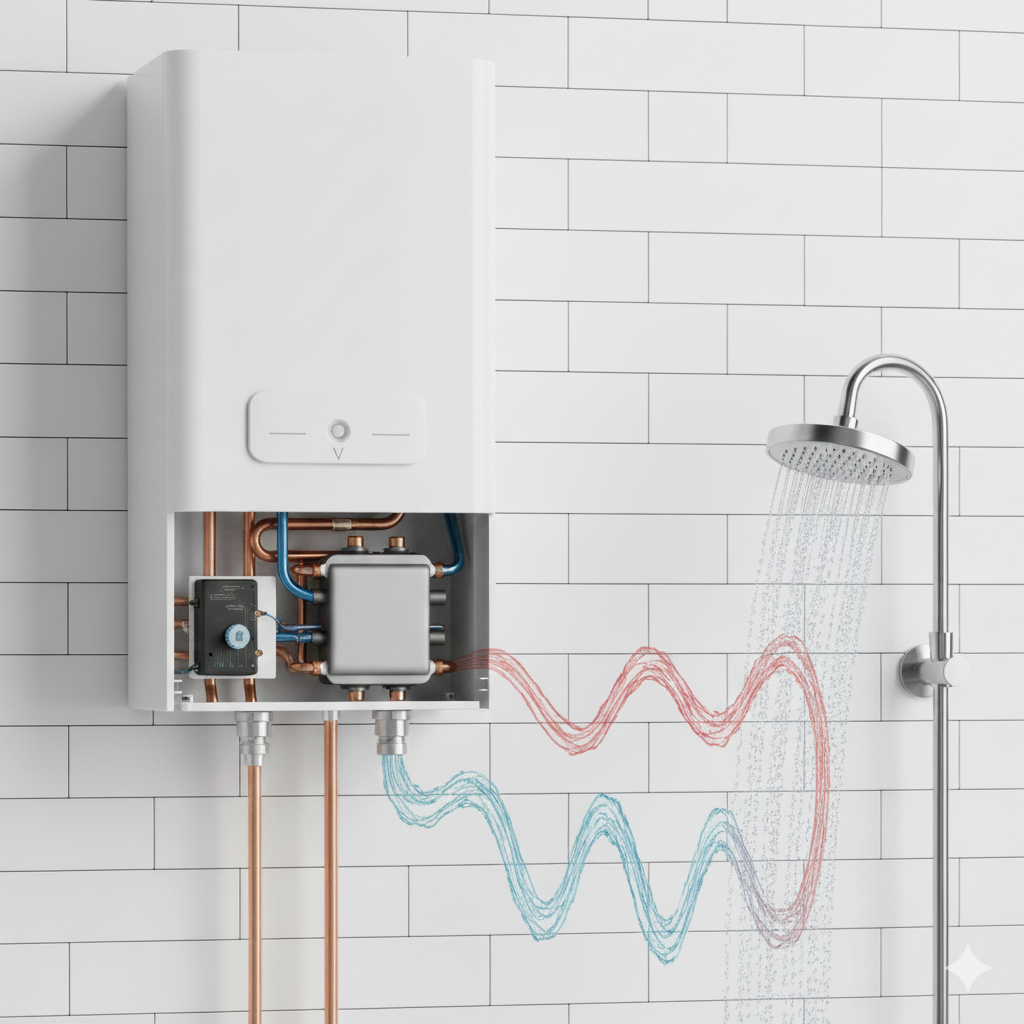 Flujo de agua caliente saliendo de un grifo, con la imagen sugiriendo un flujo inestable o intermitente, que representa el problema del agua caliente a tirones de la caldera.