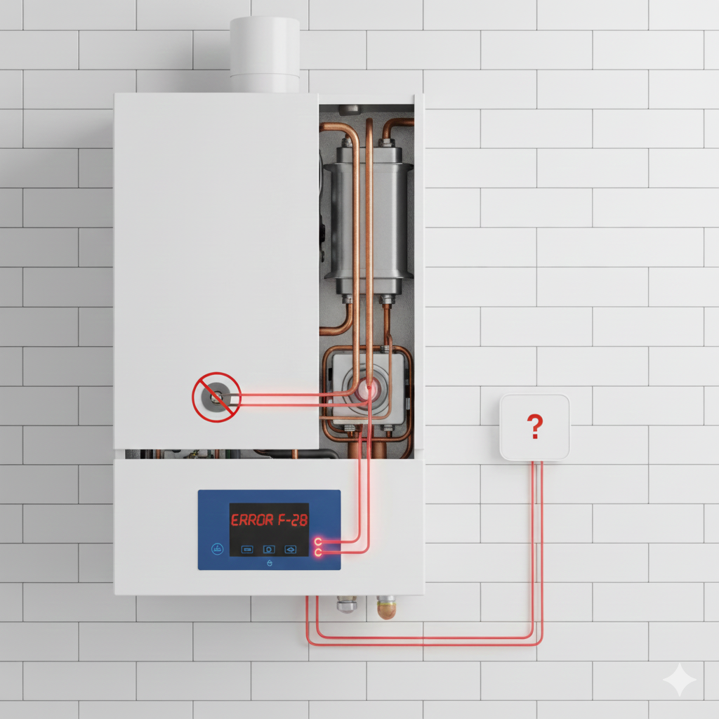 Panel de control digital de una caldera de condensación mostrando el código de error F-28, indicando un fallo en el encendido o problemas con el suministro de gas.