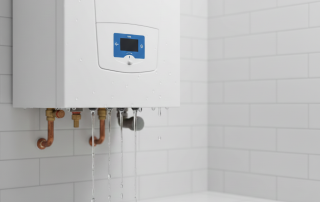 Vista de una caldera de gas con agua goteando de una tubería o conexión, ilustrando el problema de una caldera que tiene una fuga o gotea.