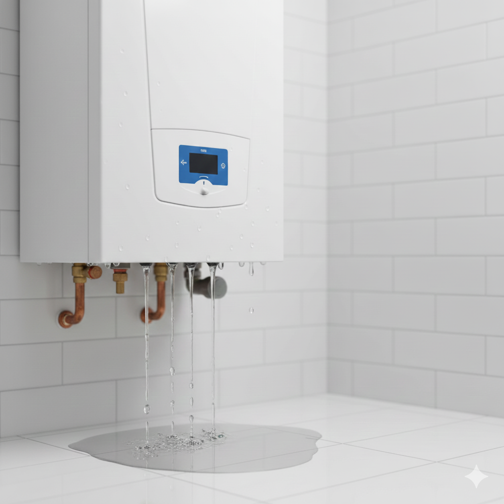 Vista de una caldera de gas con agua goteando de una tubería o conexión, ilustrando el problema de una caldera que tiene una fuga o gotea.