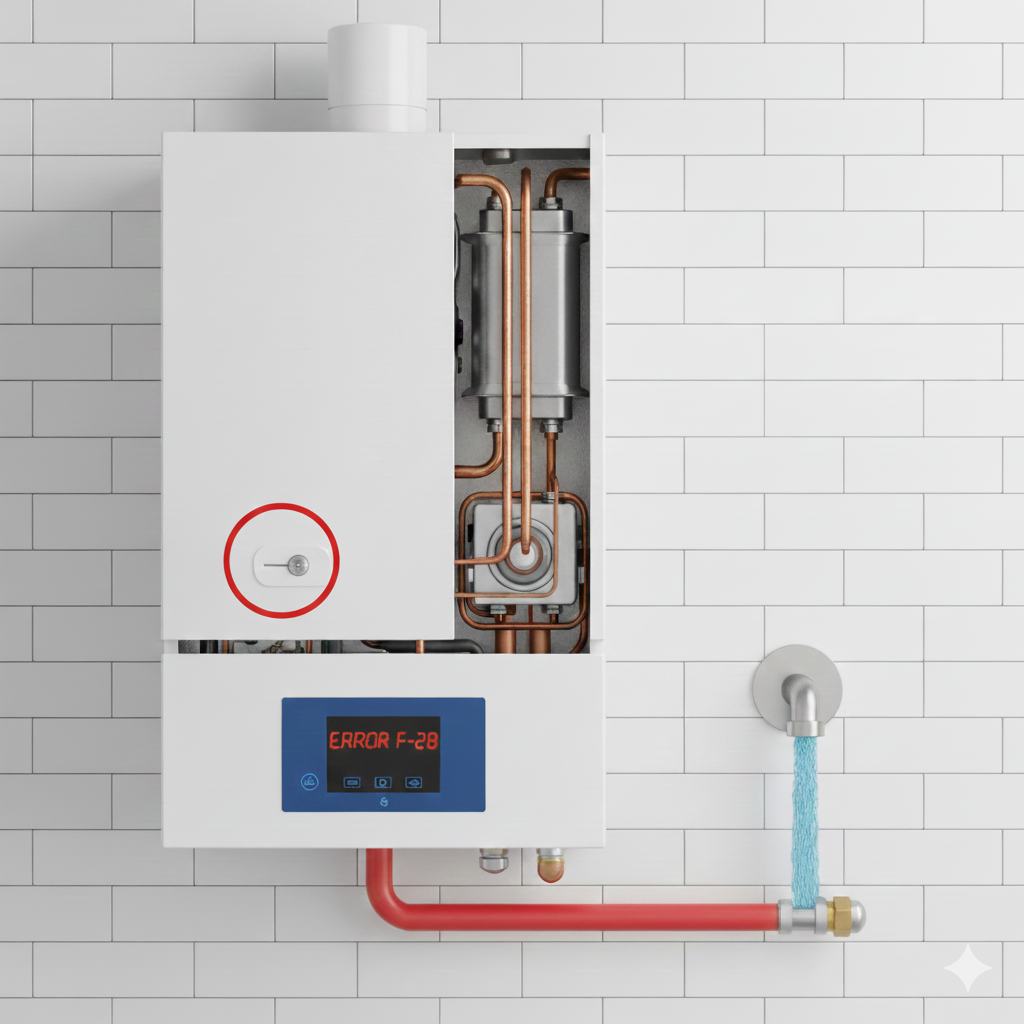 Caldera de gas y tuberías, con un enfoque en el sistema de agua caliente, simbolizando un fallo en la función de calentamiento de Agua Caliente Sanitaria (ACS).