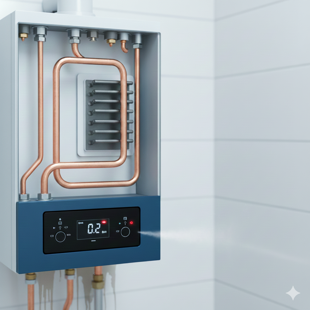 Manómetro de una caldera mostrando baja presión, simbolizando la pérdida de presión del sistema de calefacción.