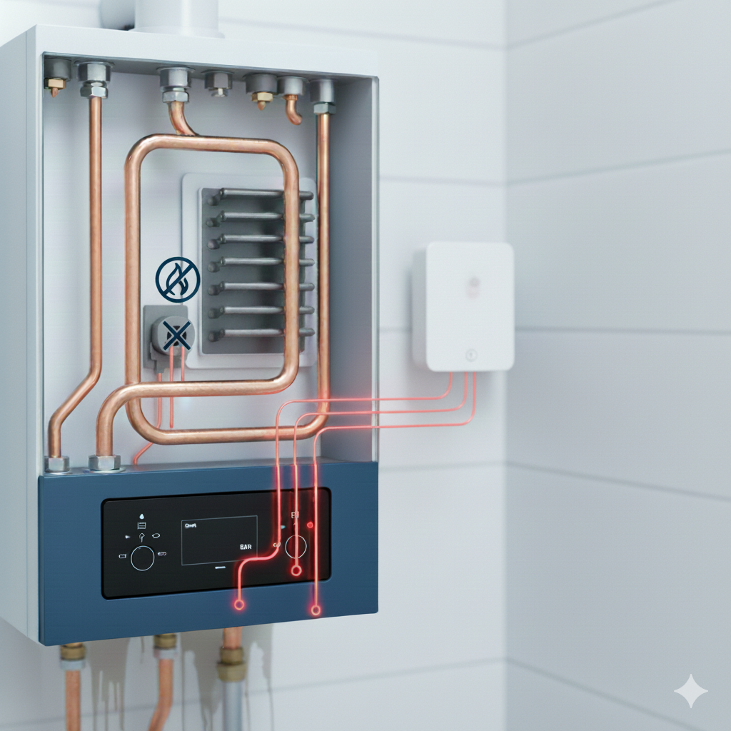 Primer plano de un electrodo de ionización dentro de la cámara de combustión de una caldera, representando un fallo o problema de encendido/detección de llama.