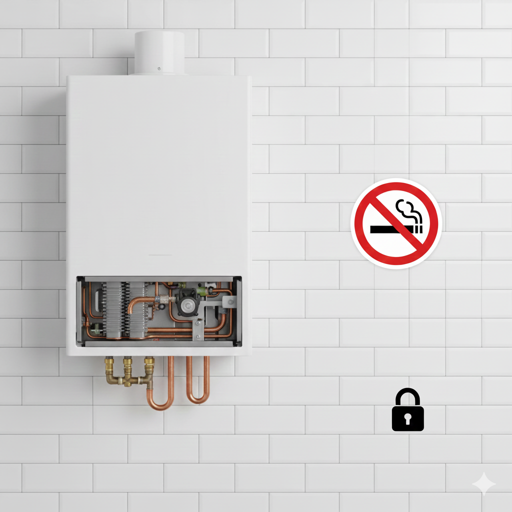 Símbolo o pictograma de peligro de gas junto a una caldera o tubería, enfatizando la importancia de la seguridad ante un olor o fuga de gas.