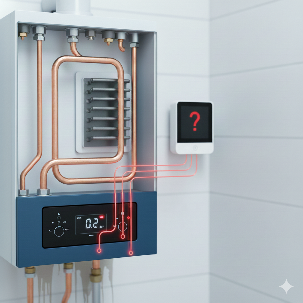 Termostato digital o programable de calefacción de pared, con una lectura de temperatura, simbolizando un problema o fallo en el control de la temperatura de la caldera.