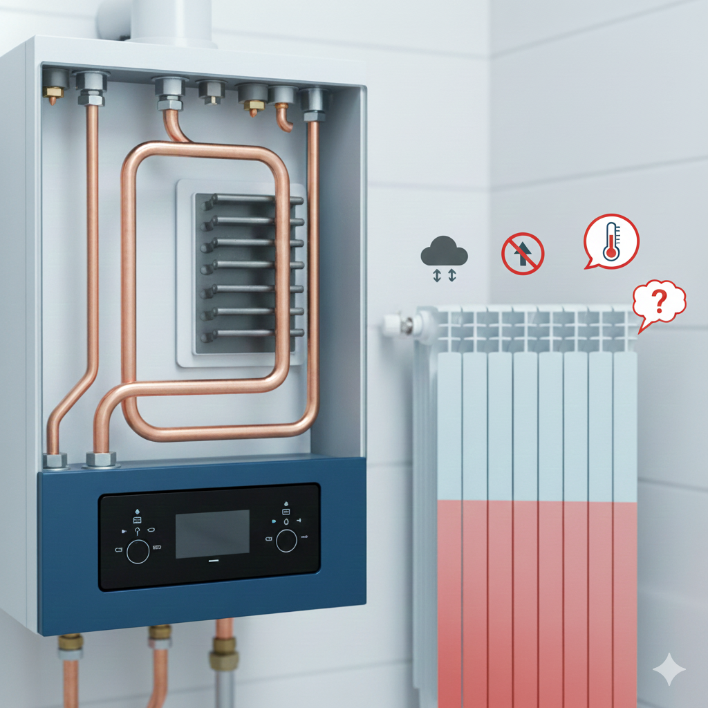 Radiador de calefacción de pared parcialmente caliente o frío al tacto, ilustrando el problema de que los radiadores no calientan de manera uniforme o eficiente.