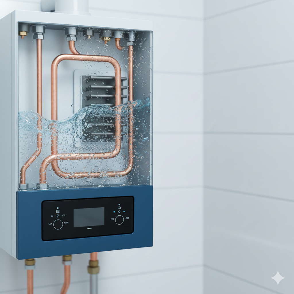 Interior de una caldera de gas con agua visible en las tuberías y un símbolo de sonido, que representa el ruido de agua o el gorgoteo dentro de la caldera.