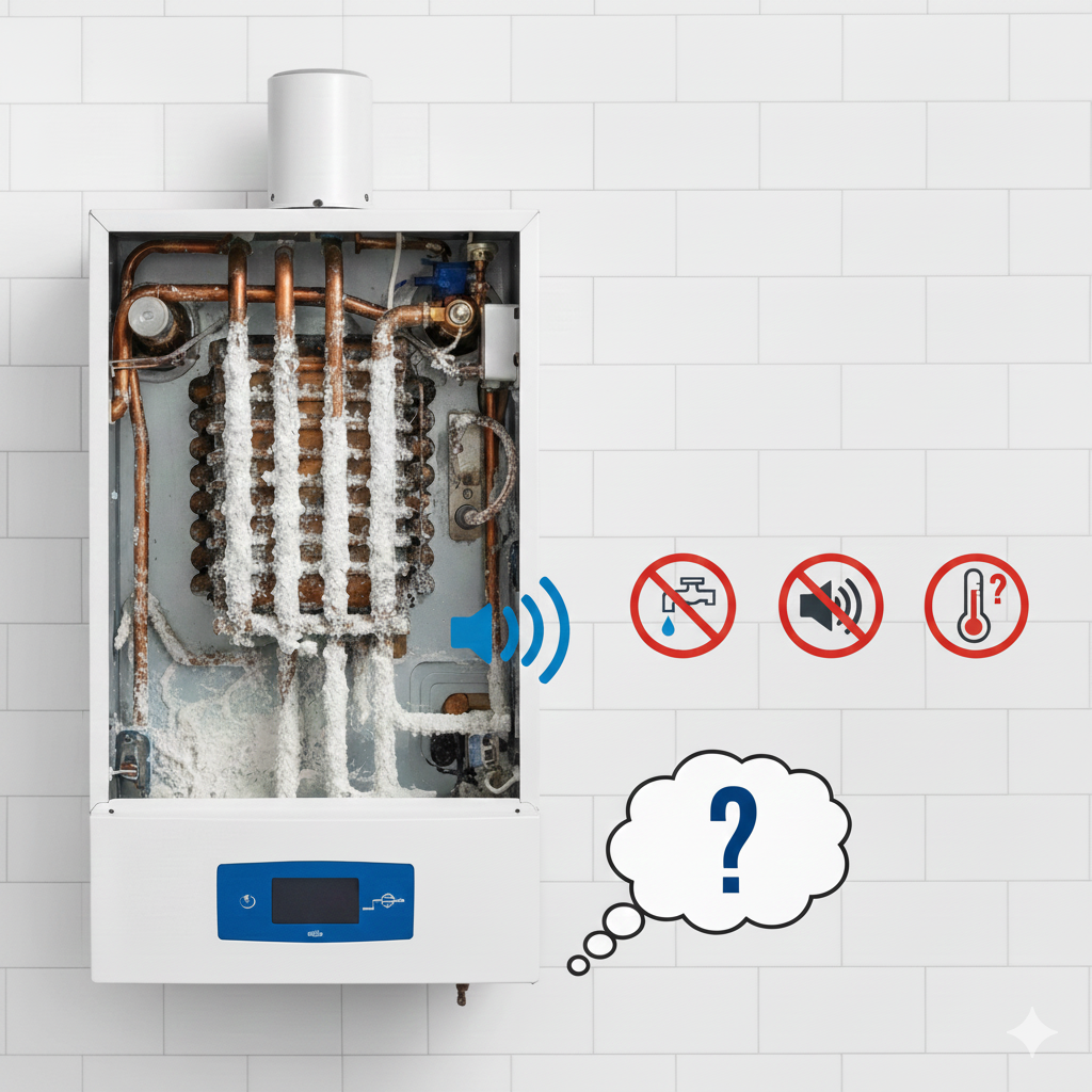 Acumulación de cal (sarro) en el interior de un intercambiador de calor o tubería de caldera, que es la causa del ruido y la necesidad de descalcificación.