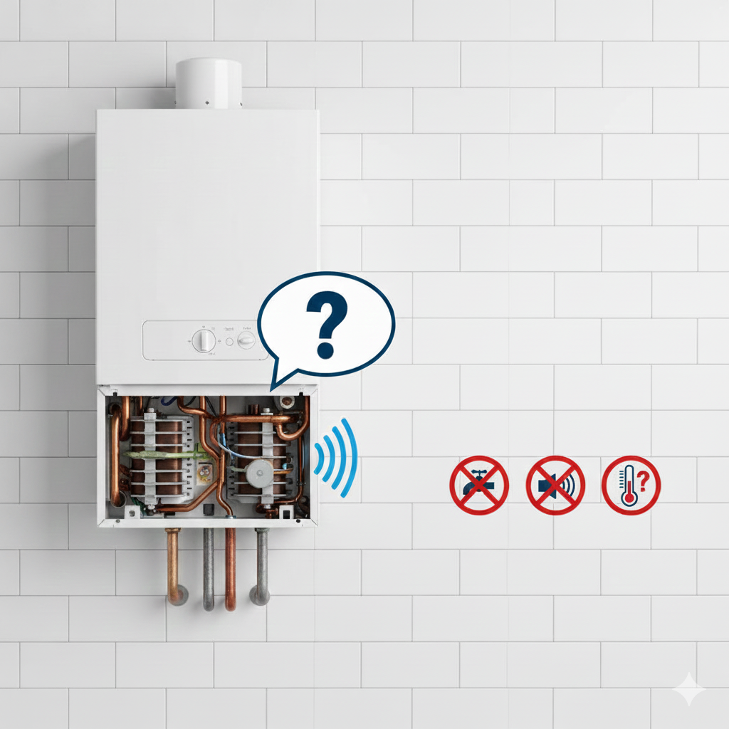 Interior de una caldera de gas con los tubos de cobre visibles y una representación de un altavoz o icono de ruido, simbolizando ruidos extraños o problemas de funcionamiento.
