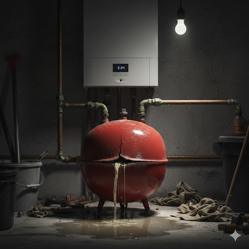 Vaso de expansión rojo o cilíndrico de una caldera, ilustrando un fallo o rotura que provoca problemas de presión en el sistema de calefacción.