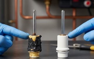 Técnico comparando un electrodo de ionización sucio y con carbonilla frente a uno nuevo de repuesto