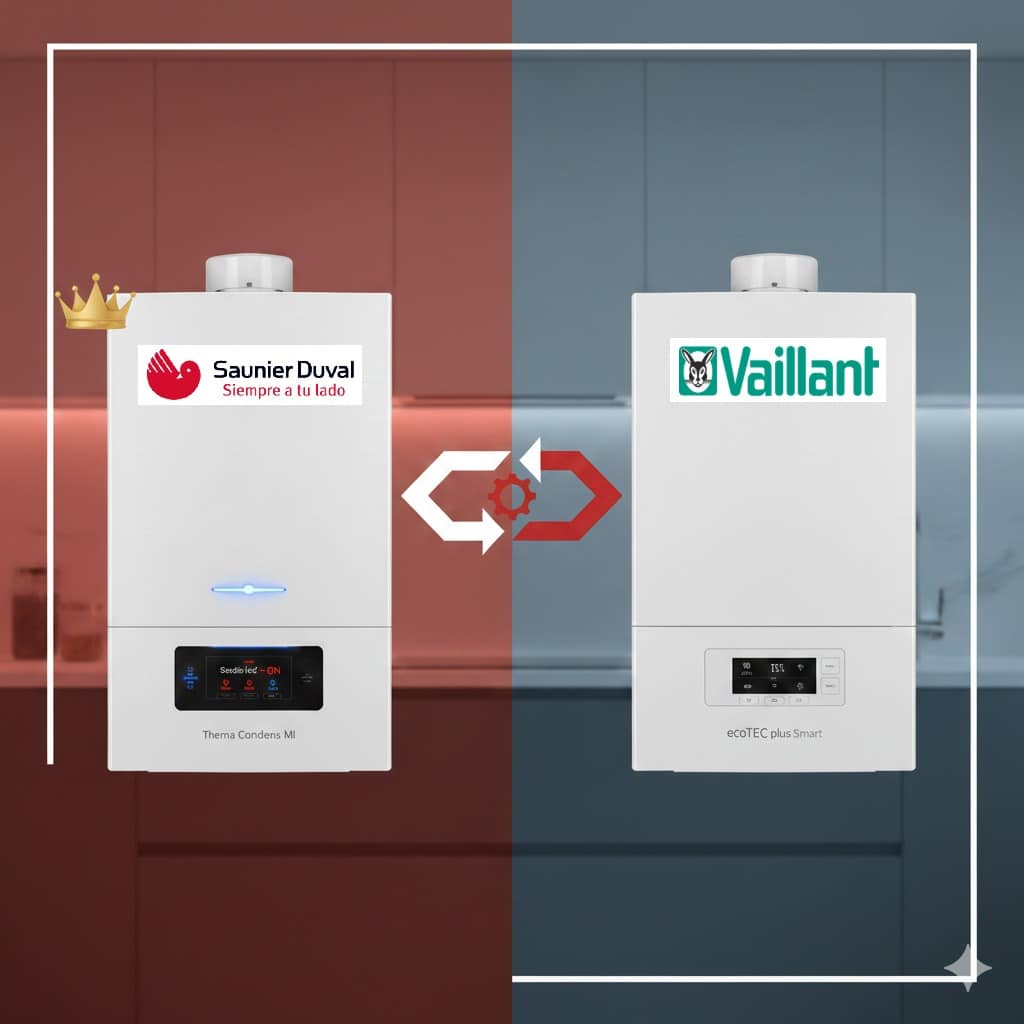 Comparativa de calderas premium Saunier Duval Thema Condens Mi y Vaillant ecoTEC plus Smart con corona de líder.