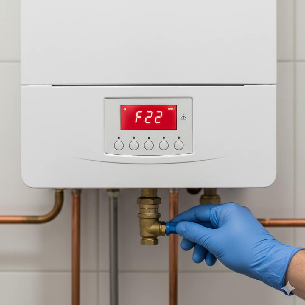 Técnico girando la llave de llenado azul en la parte inferior de una caldera Saunier Duval para solucionar el error F22