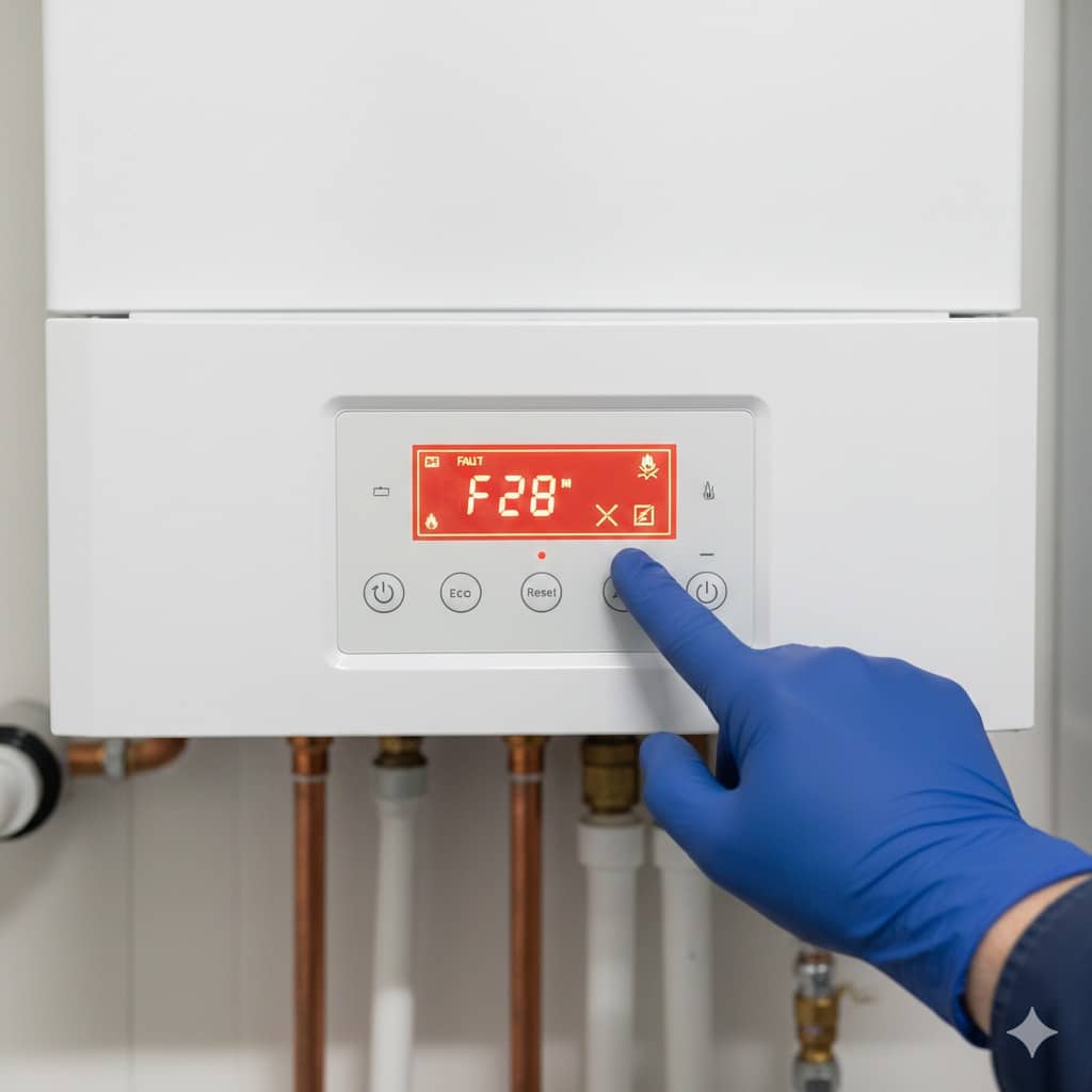 Pantalla digital de caldera Vaillant mostrando el código de Error F28 con un técnico presionando el botón de reset.