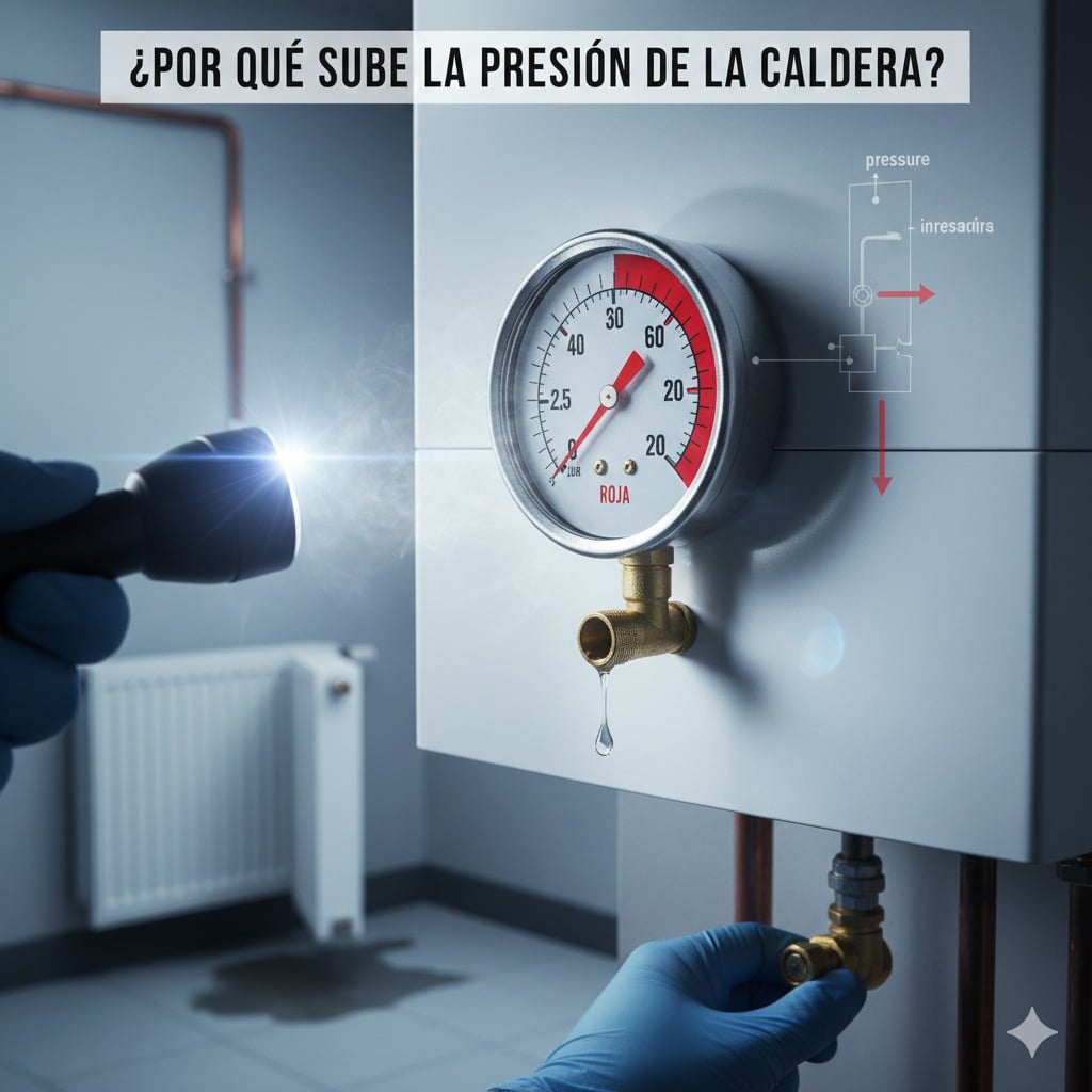 Manómetro de caldera marcando presión alta en zona roja con goteo en válvula de seguridad y técnico revisando llave de llenado.