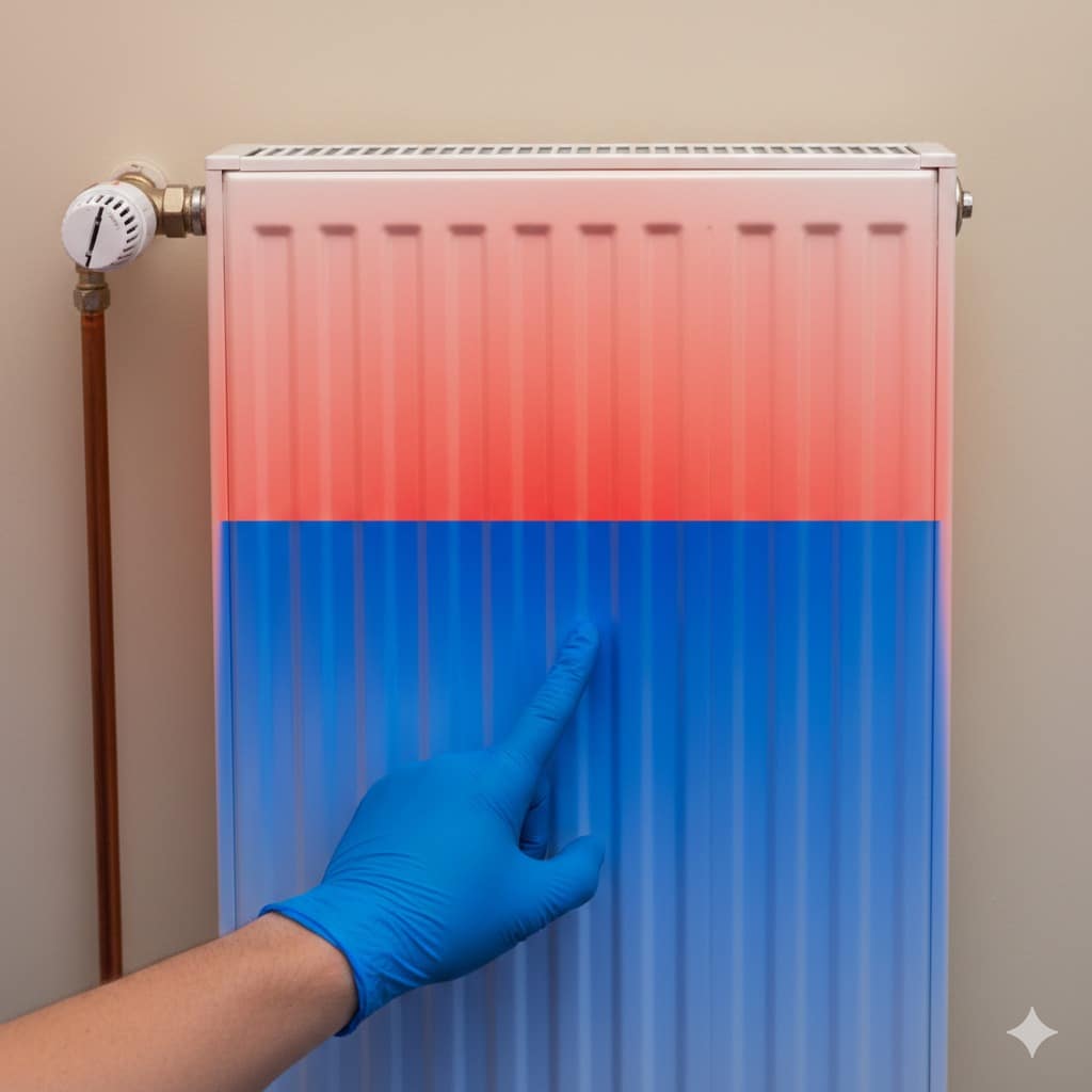 radiadores-frios-abajo Infografía térmica de un radiador mostrando la diferencia de temperatura entre la parte superior caliente (rojo) y la inferior fría (azul) debido a lodos